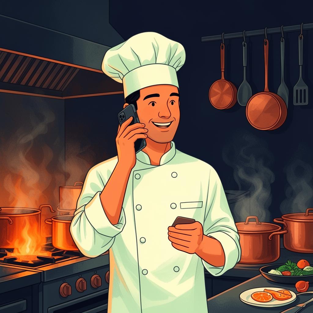 Chef au téléphone dans sa cuisine